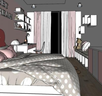 现代简约女孩房设计SU模型下载_sketchup草图大师SKP模型