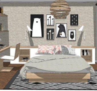 原木风卧室墙饰SU模型下载_sketchup草图大师SKP模型