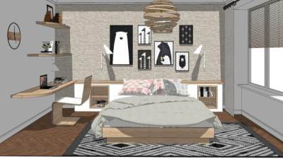 原木风卧室墙饰SU模型下载_sketchup草图大师SKP模型