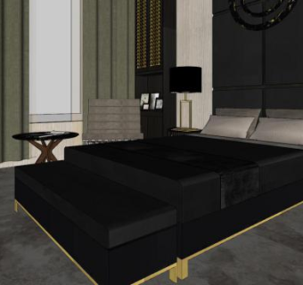 现代卧室黑色床具SU模型下载_sketchup草图大师SKP模型