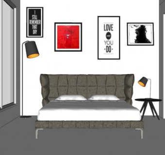 北欧简约卧室床具墙饰SU模型下载_sketchup草图大师SKP模型