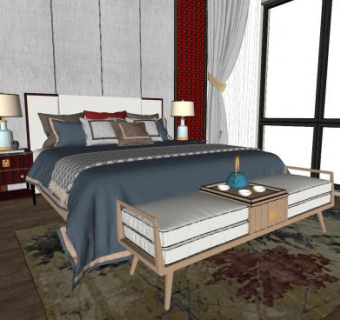 新中式时尚卧室家具SU模型下载_sketchup草图大师SKP模型