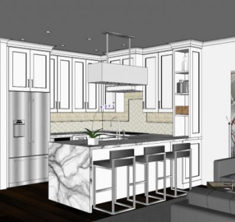现代白色大理石厨房SU模型下载_sketchup草图大师SKP模型
