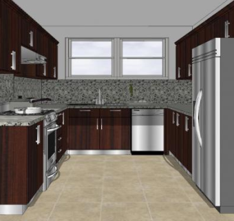 现代实木U型厨房SU模型下载_sketchup草图大师SKP模型