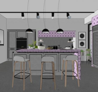 现代北欧厨房餐厅SU模型下载_sketchup草图大师SKP模型