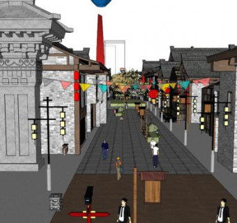 仿古青砖商业街su模型下载_sketchup草图大师SKP模型