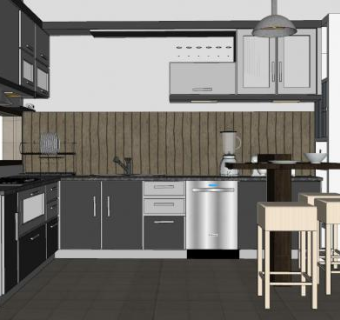 现代灰色厨房餐厅SU模型下载_sketchup草图大师SKP模型