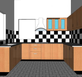 黑白墙砖实木橱柜SU模型下载_sketchup草图大师SKP模型