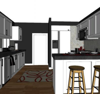 现代二字型橱柜厨房SU模型下载_sketchup草图大师SKP模型