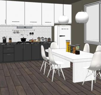 现代黑白色厨房餐厅SU模型下载_sketchup草图大师SKP模型