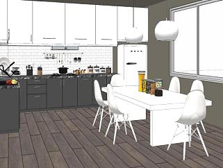 现代黑白色厨房餐厅SU模型下载_sketchup草图大师SKP模型