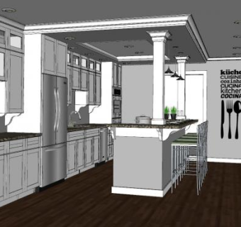 简欧岛型吧台厨房SU模型下载_sketchup草图大师SKP模型