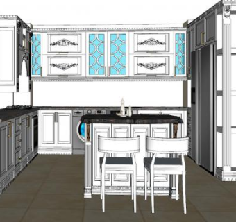 欧式岛型厨房橱柜SU模型下载_sketchup草图大师SKP模型