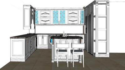 欧式岛型厨房橱柜SU模型下载_sketchup草图大师SKP模型