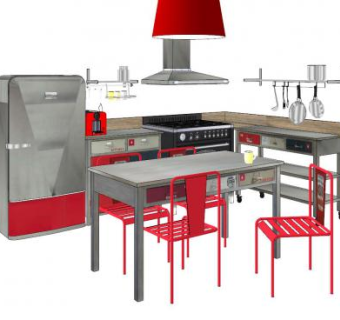 工业风厨房橱柜餐桌SU模型下载_sketchup草图大师SKP模型