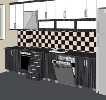现代黑白砖厨房橱柜SU模型下载_sketchup草图大师SKP模型