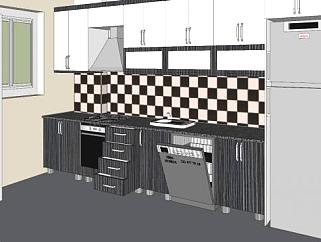 现代黑白砖厨房橱柜SU模型下载_sketchup草图大师SKP模型