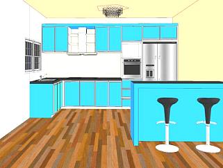 现代蓝色厨房橱柜SU模型下载_sketchup草图大师SKP模型