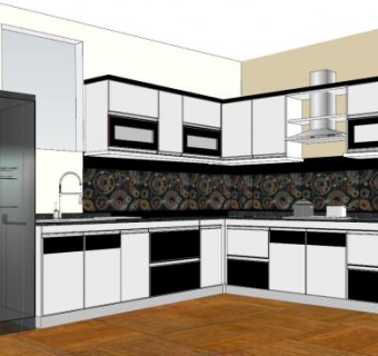 经典黑白色L型厨房SU模型下载_sketchup草图大师SKP模型