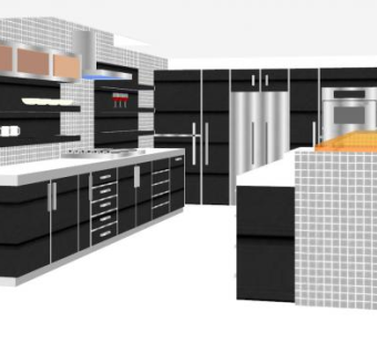 现代黑色大型厨房SU模型下载_sketchup草图大师SKP模型
