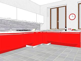 现代红白色厨房橱柜SU模型下载_sketchup草图大师SKP模型
