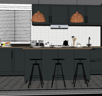 现代深色工业风厨房SU模型下载_sketchup草图大师SKP模型