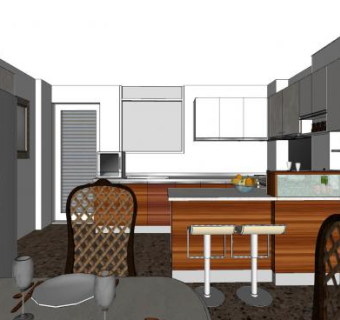 现代户型厨房餐厅组合SU模型下载_sketchup草图大师SKP模型