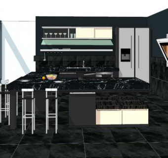 现代黑色大理石厨房SU模型下载_sketchup草图大师SKP模型