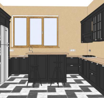 简约现代黑色岛型厨房SU模型下载_sketchup草图大师SKP模型