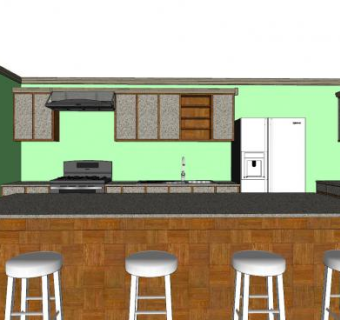 绿色背景墙大型厨房SU模型下载_sketchup草图大师SKP模型