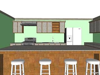 绿色背景墙大型厨房SU模型下载_sketchup草图大师SKP模型