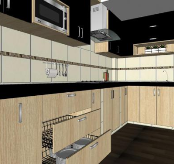 简约原木轻奢厨房SU模型下载_sketchup草图大师SKP模型