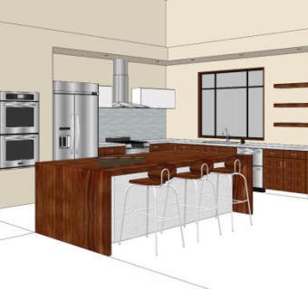 现代L型厨房吧台SU模型下载_sketchup草图大师SKP模型