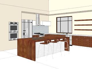 现代L型厨房吧台SU模型下载_sketchup草图大师SKP模型