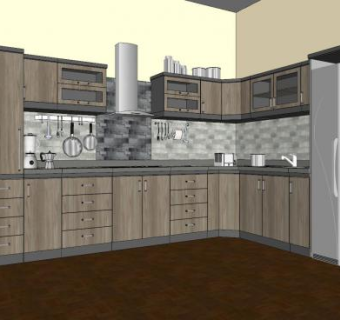 复古L型厨房平台SU模型下载_sketchup草图大师SKP模型