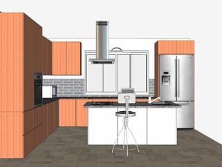 现代橙色厨房设计SU模型下载_sketchup草图大师SKP模型