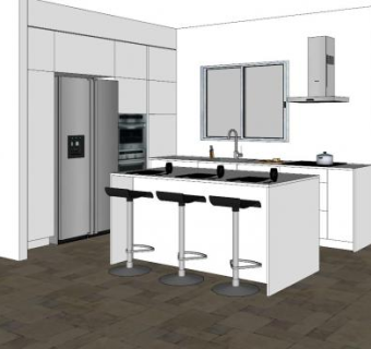 简约白色吧台厨房SU模型下载_sketchup草图大师SKP模型