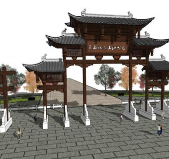 新中式门楼su模型下载_sketchup草图大师SKP模型