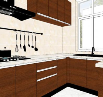 美式二字型厨房SU模型下载_sketchup草图大师SKP模型