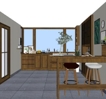 北欧原木家具厨房SU模型下载_sketchup草图大师SKP模型