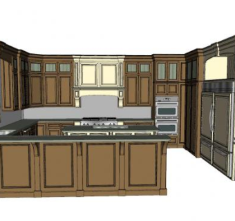 复古风岛型厨房SU模型下载_sketchup草图大师SKP模型