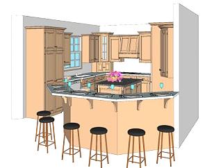 现代岛型厨房吧台室内SU模型下载_sketchup草图大师SKP模型