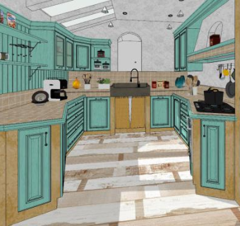 美式现代开放式厨房SU模型下载_sketchup草图大师SKP模型