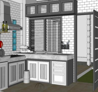简欧砖墙厨房SU模型下载_sketchup草图大师SKP模型