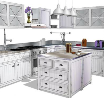 美式工业风厨房家具SU模型下载_sketchup草图大师SKP模型