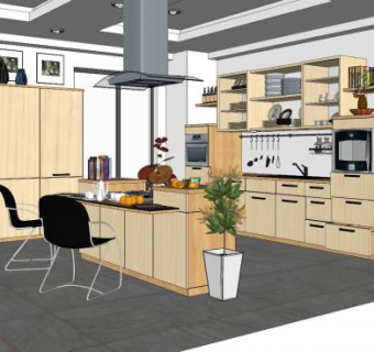 现代实木厨房家电餐具SU模型下载_sketchup草图大师SKP模型