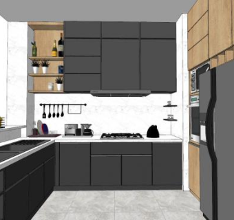 现代开放式黑色厨房SU模型下载_sketchup草图大师SKP模型