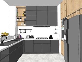 现代开放式黑色厨房SU模型下载_sketchup草图大师SKP模型