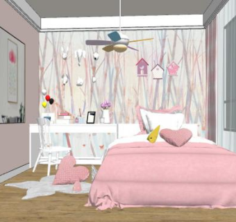 简约粉色儿童房SU模型下载_sketchup草图大师SKP模型