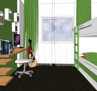 绿色背景墙儿童房SU模型下载_sketchup草图大师SKP模型